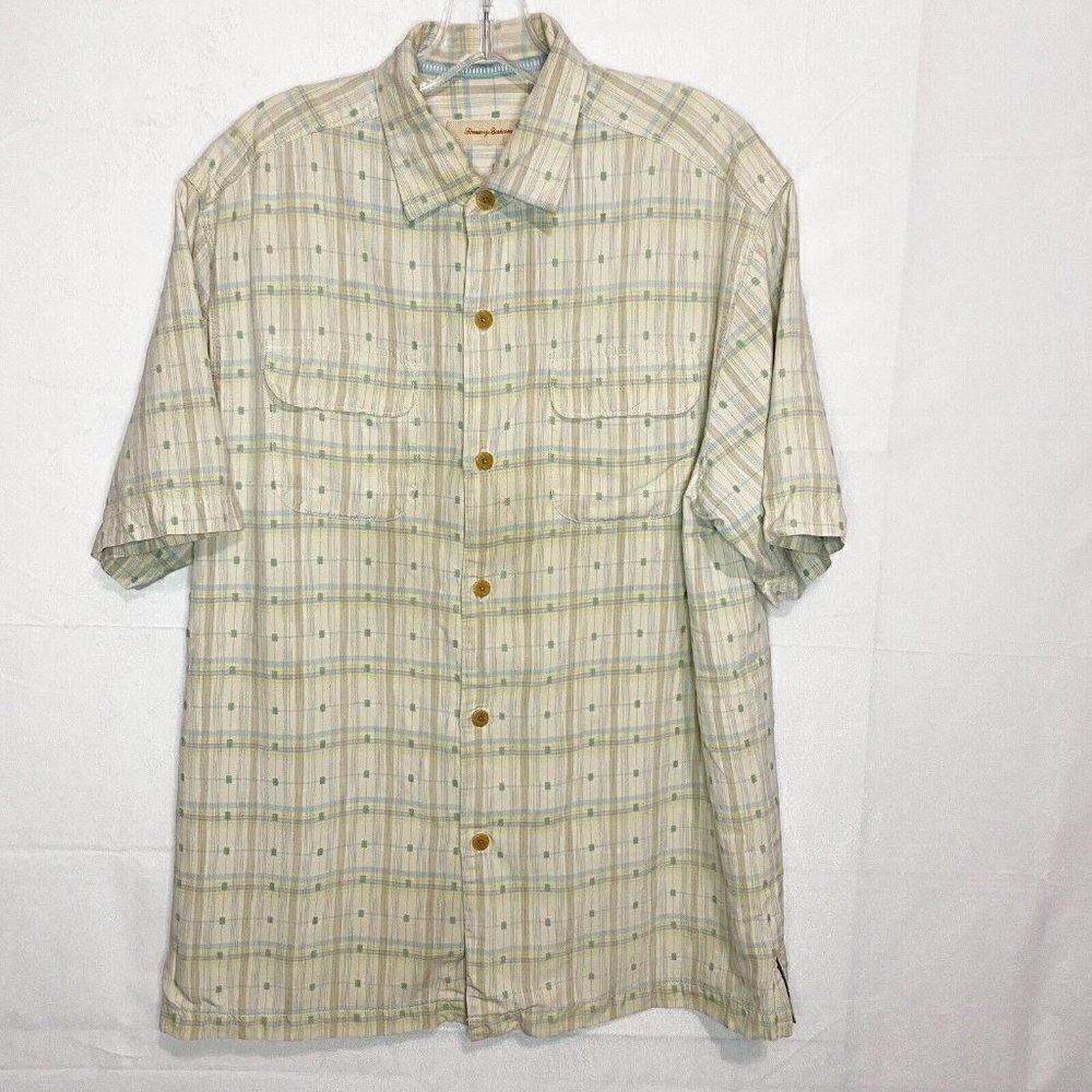 Tommy Bahama Size L Mens Plaid Silk Blend Button Down Short Sleeve Shirt Vintage